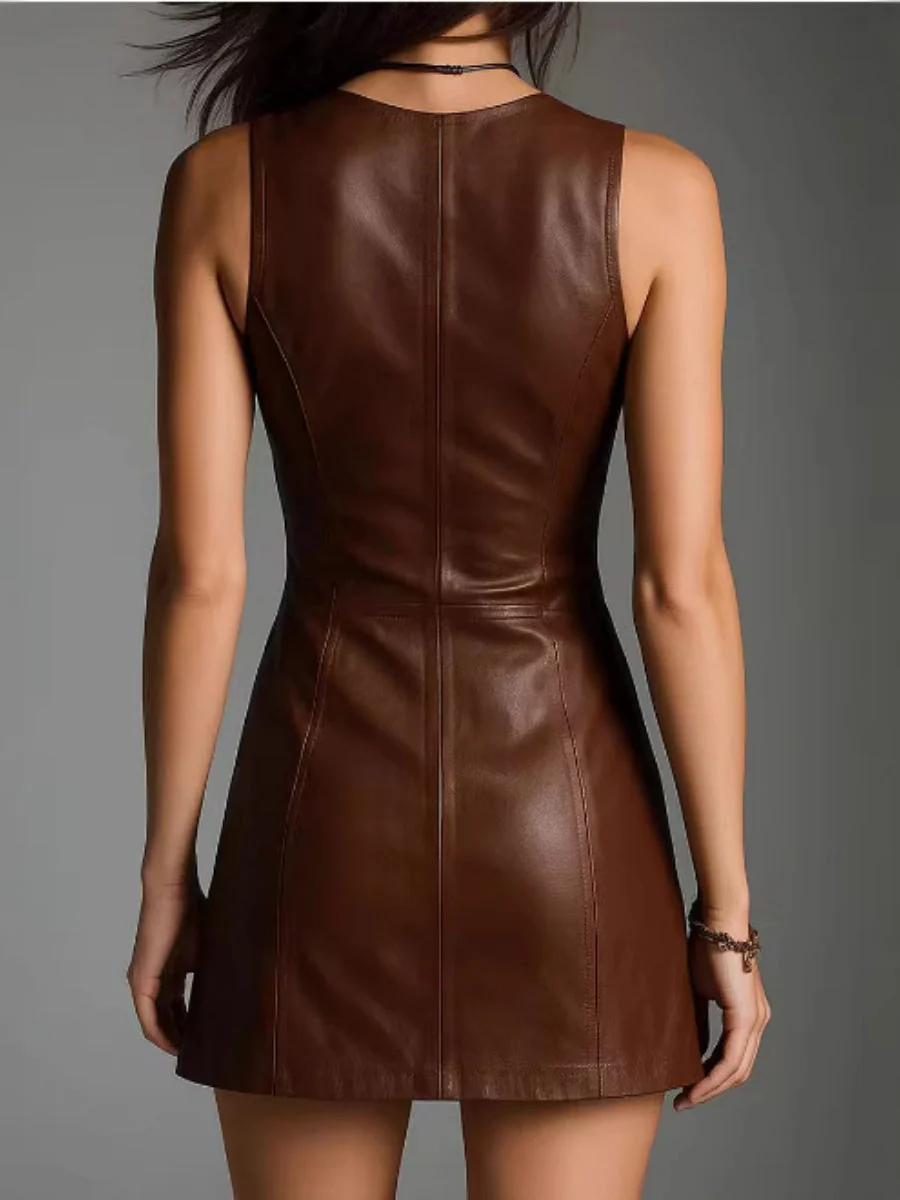 PU Leather Zipper V-neck Sleeveless Mini&Short Dresses - Image 2