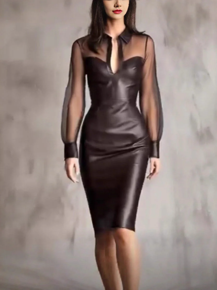 Mesh PU Leather Splicing V-neck Hip-hugging Maxi Dresses - Image 3