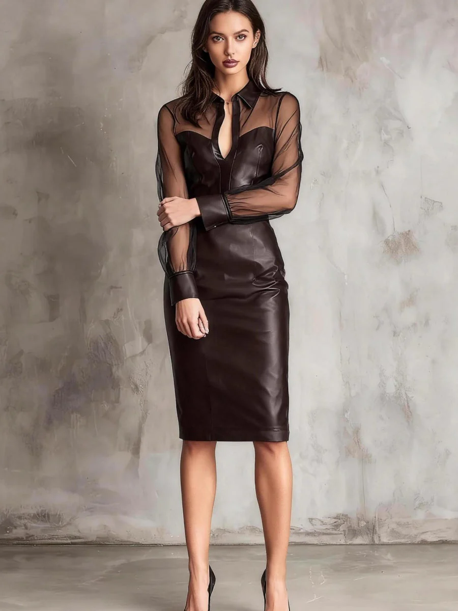 Mesh PU Leather Splicing V-neck Hip-hugging Maxi Dresses - Image 4