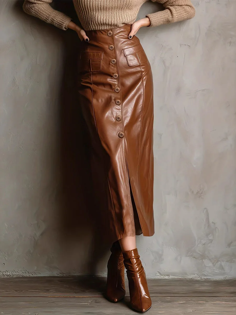 PU Leather Slits High Waist Hip-hugging Skirts