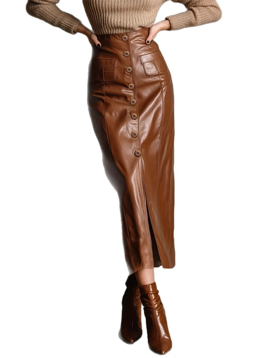 PU Leather Slits High Waist Hip-hugging Skirts - Image 5