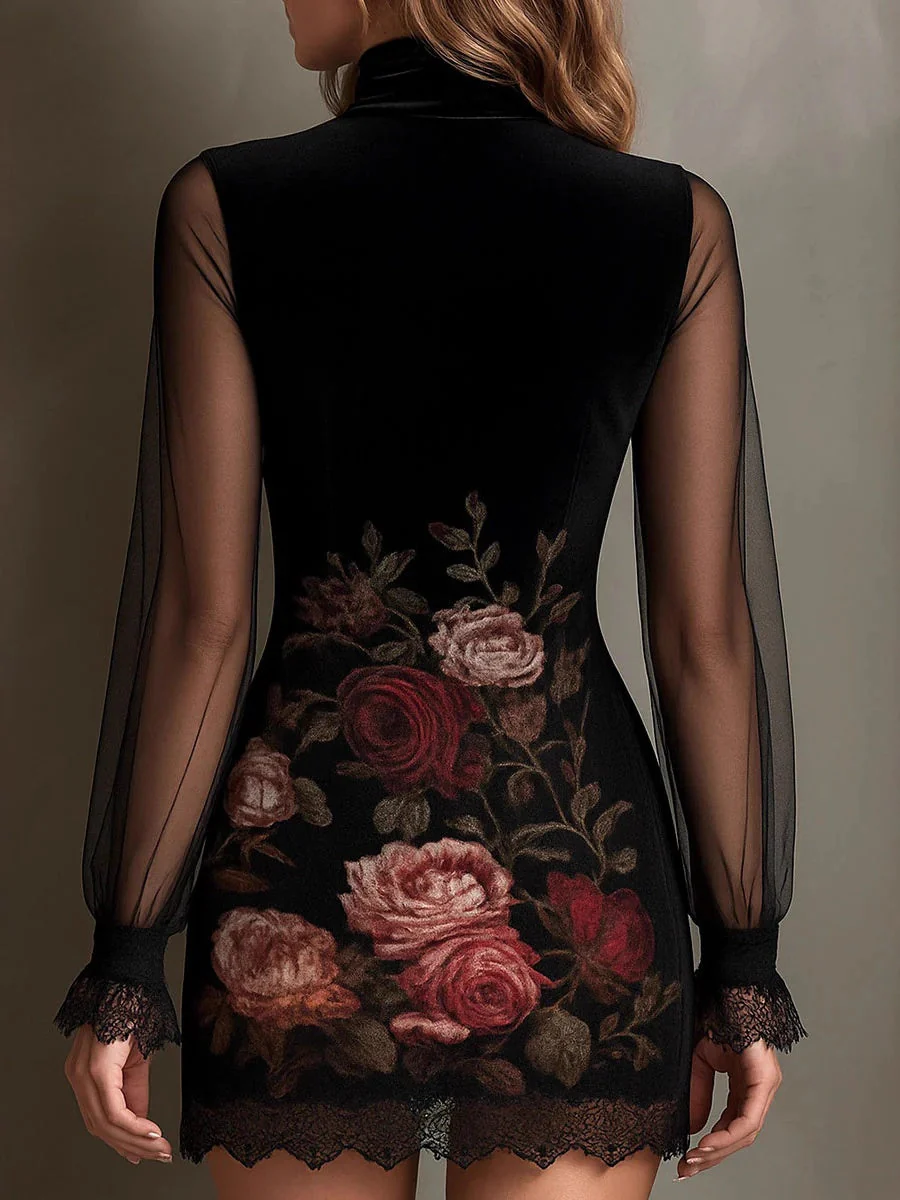 Lace Trim Floral Mesh Splicing Hip-hugging Mini&Short Dresses - Image 2