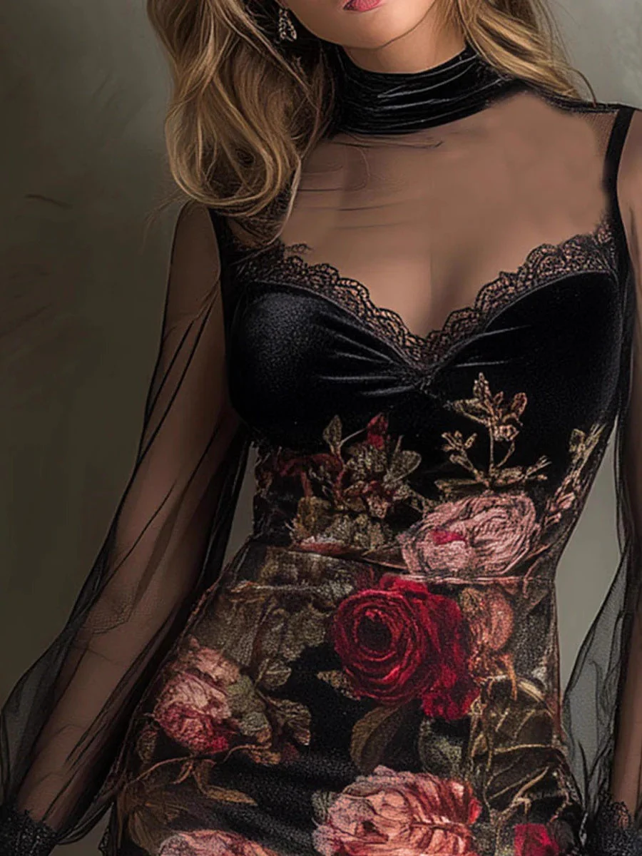 Lace Trim Floral Mesh Splicing Hip-hugging Mini&Short Dresses - Image 3