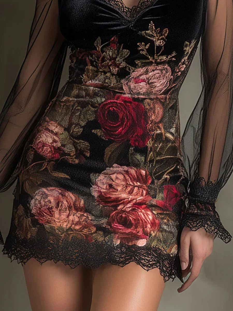 Lace Trim Floral Mesh Splicing Hip-hugging Mini&Short Dresses - Image 6