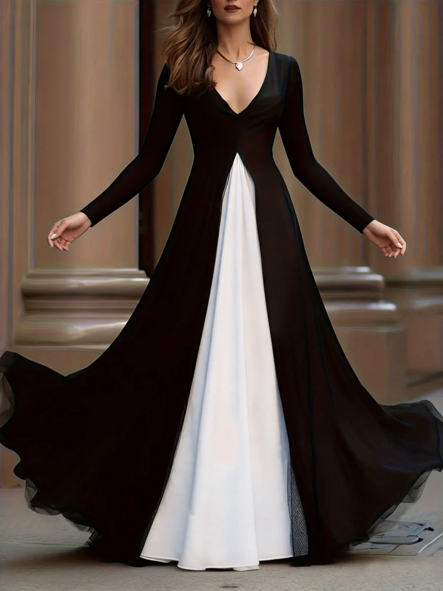 Black And White Color Blocking Splicing Swing Skirt Maxi Dresses - Image 3