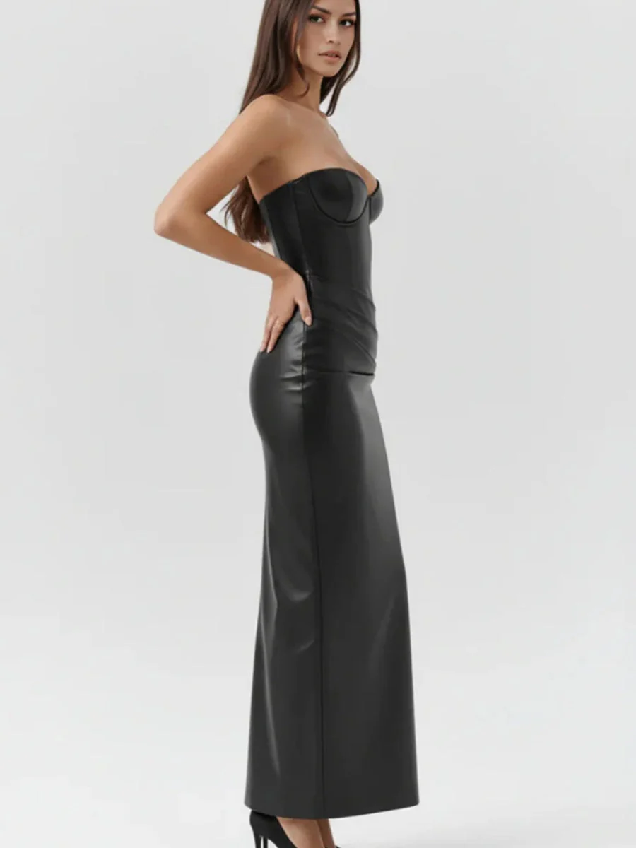 PU Leather Tube Top Bandage Slits Hip-hugging Maxi Dresses - Image 11