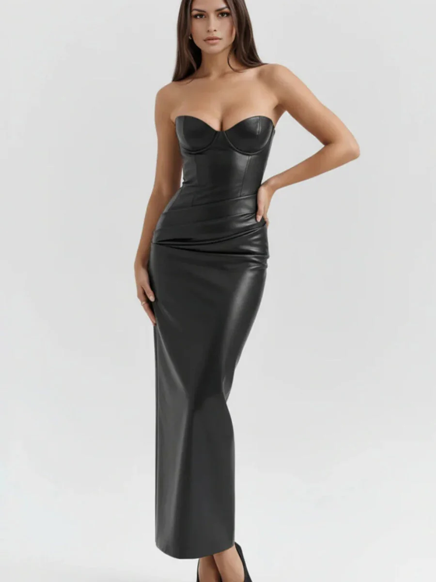 PU Leather Tube Top Bandage Slits Hip-hugging Maxi Dresses - Image 12