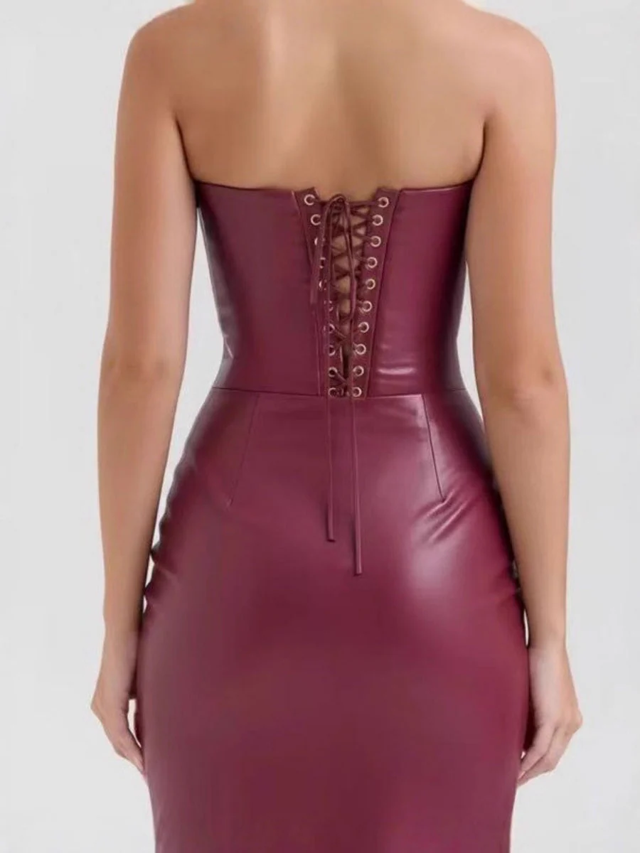 PU Leather Tube Top Bandage Slits Hip-hugging Maxi Dresses - Image 3