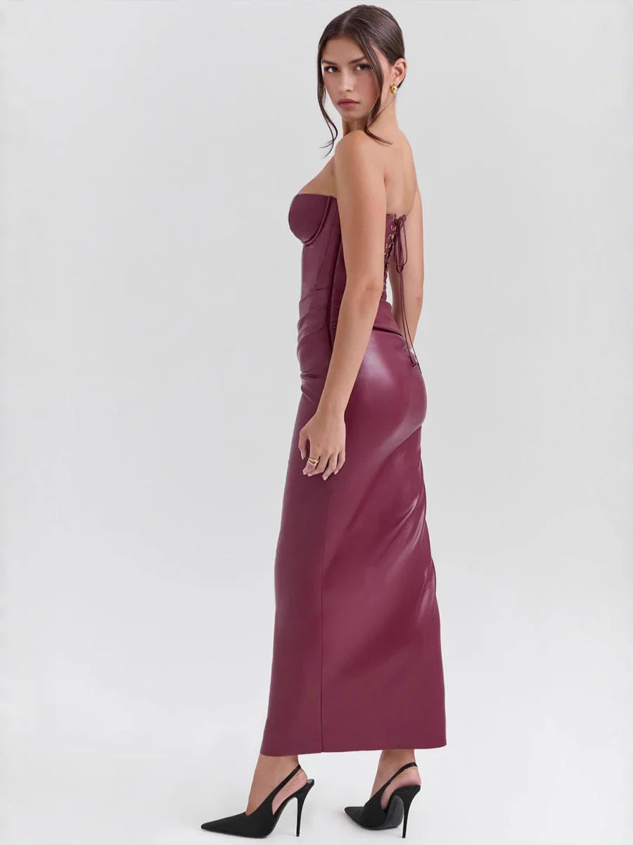 PU Leather Tube Top Bandage Slits Hip-hugging Maxi Dresses - Image 4