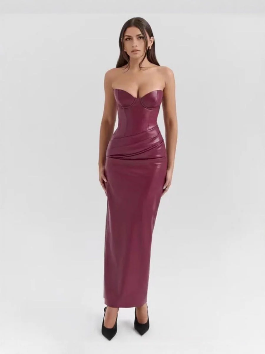 PU Leather Tube Top Bandage Slits Hip-hugging Maxi Dresses - Image 5