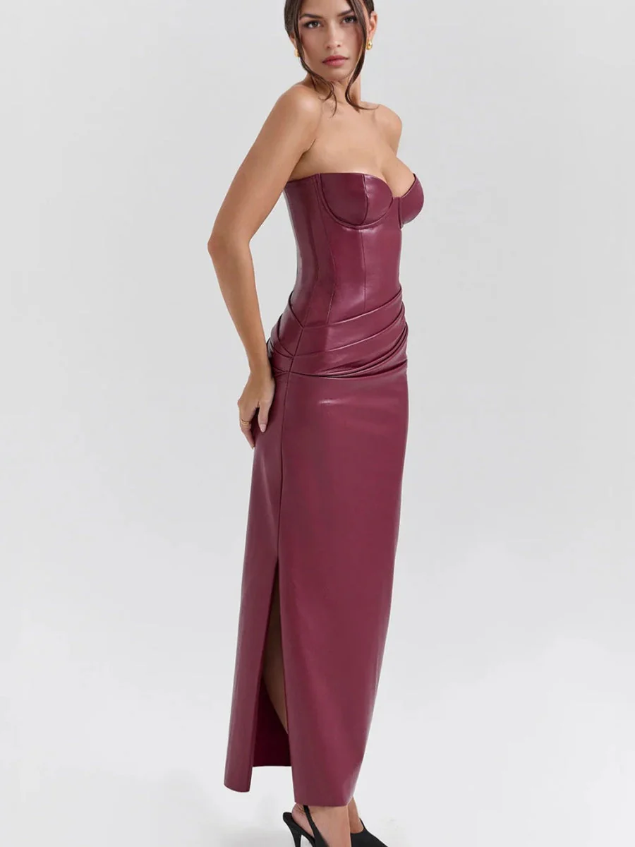 PU Leather Tube Top Bandage Slits Hip-hugging Maxi Dresses - Image 6