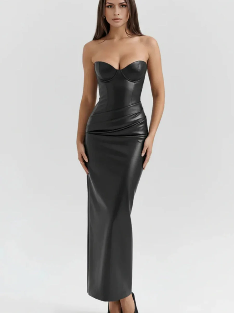 PU Leather Tube Top Bandage Slits Hip-hugging Maxi Dresses - Image 9