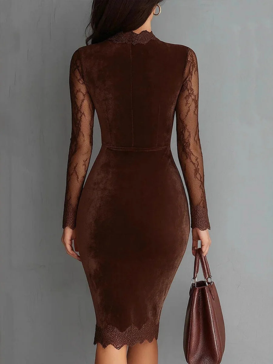 Lace Perspective Long Sleeve Trim Splicing Hip-hugging Midi Dresses - Image 3