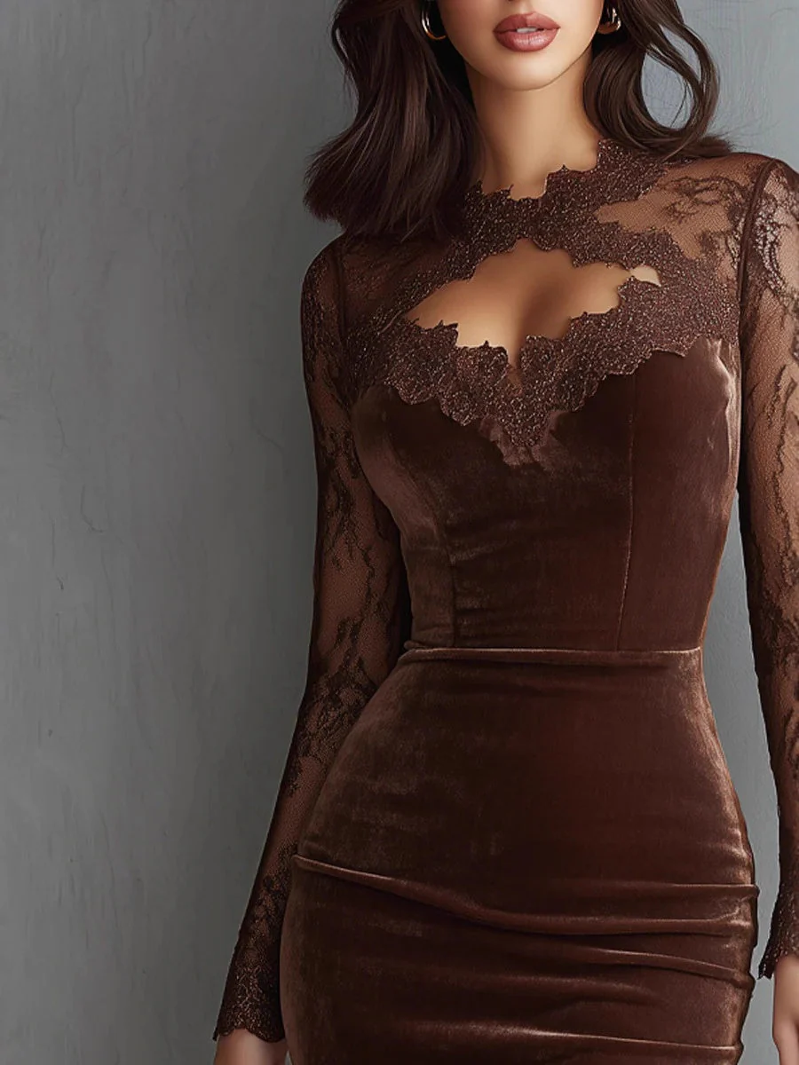 Lace Perspective Long Sleeve Trim Splicing Hip-hugging Midi Dresses - Image 5