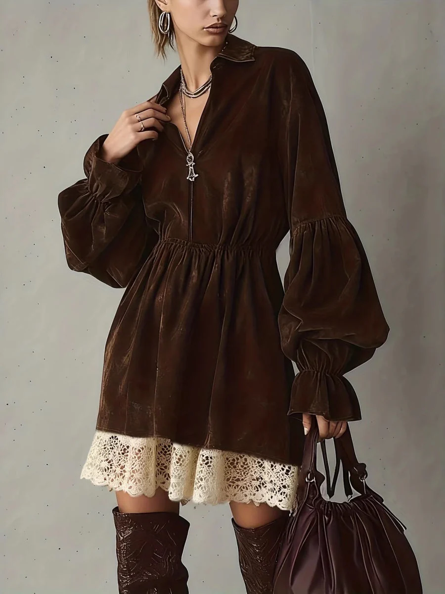 Balloon Sleeve V-neck Lace Splicing Mini&Short Dresses