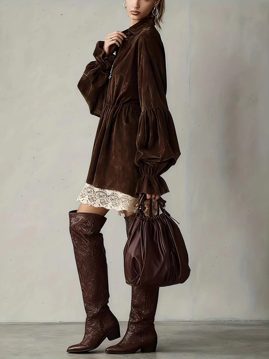 Balloon Sleeve V-neck Lace Splicing Mini&Short Dresses - Image 4