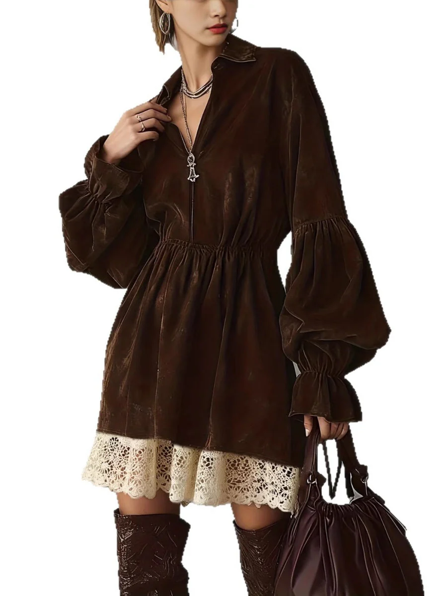 Balloon Sleeve V-neck Lace Splicing Mini&Short Dresses - Image 5