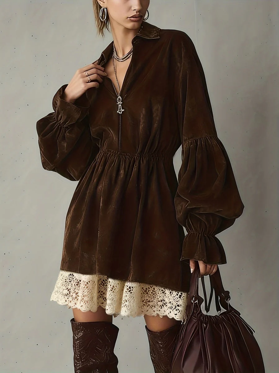 Balloon Sleeve V-neck Lace Splicing Mini&Short Dresses - Image 6