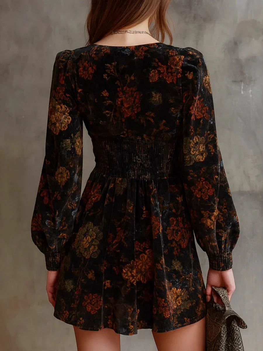 Printed V-neck Velvet Mini&Short Dresses - Image 2