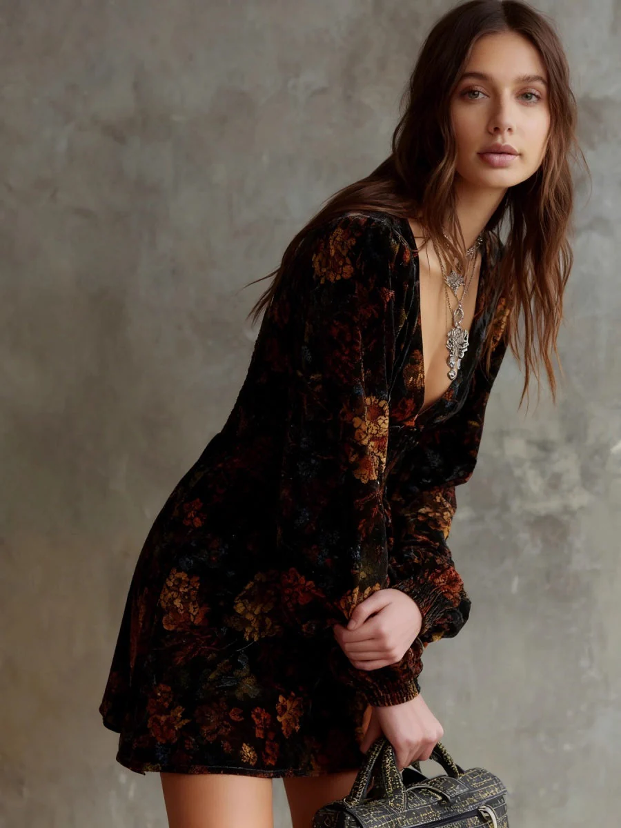Printed V-neck Velvet Mini&Short Dresses - Image 4