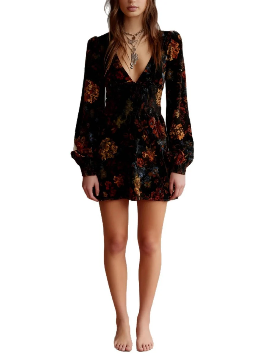 Printed V-neck Velvet Mini&Short Dresses - Image 5