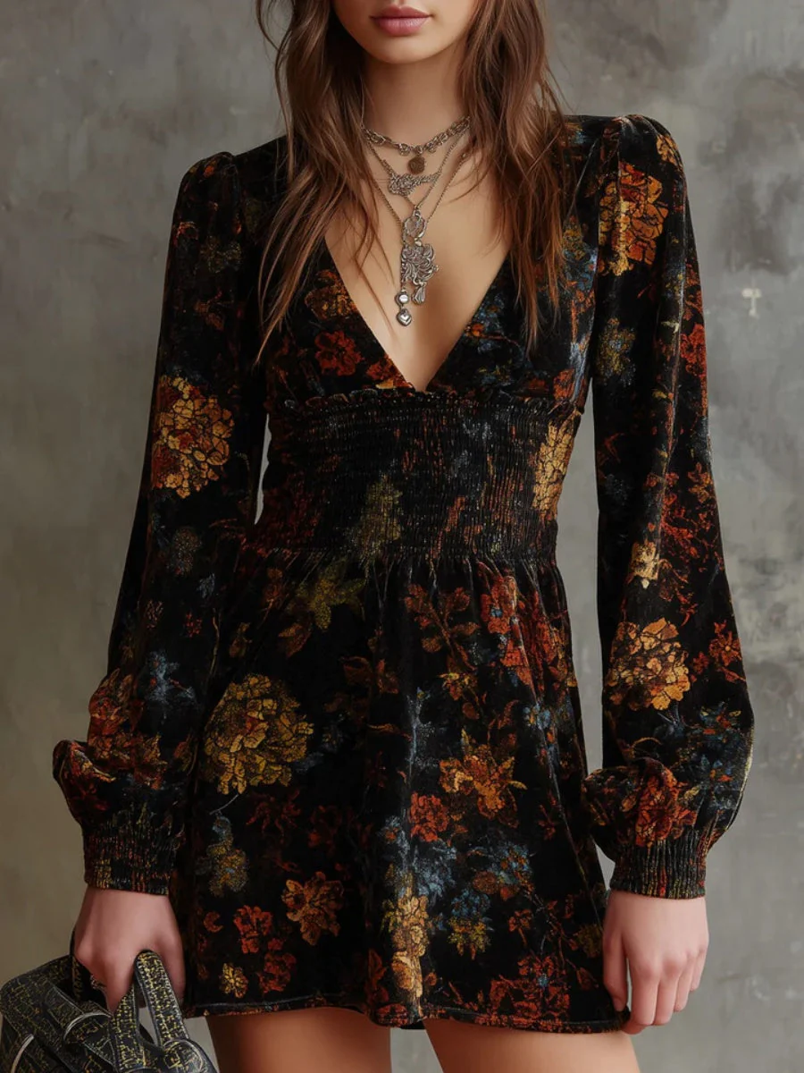 Printed V-neck Velvet Mini&Short Dresses - Image 6