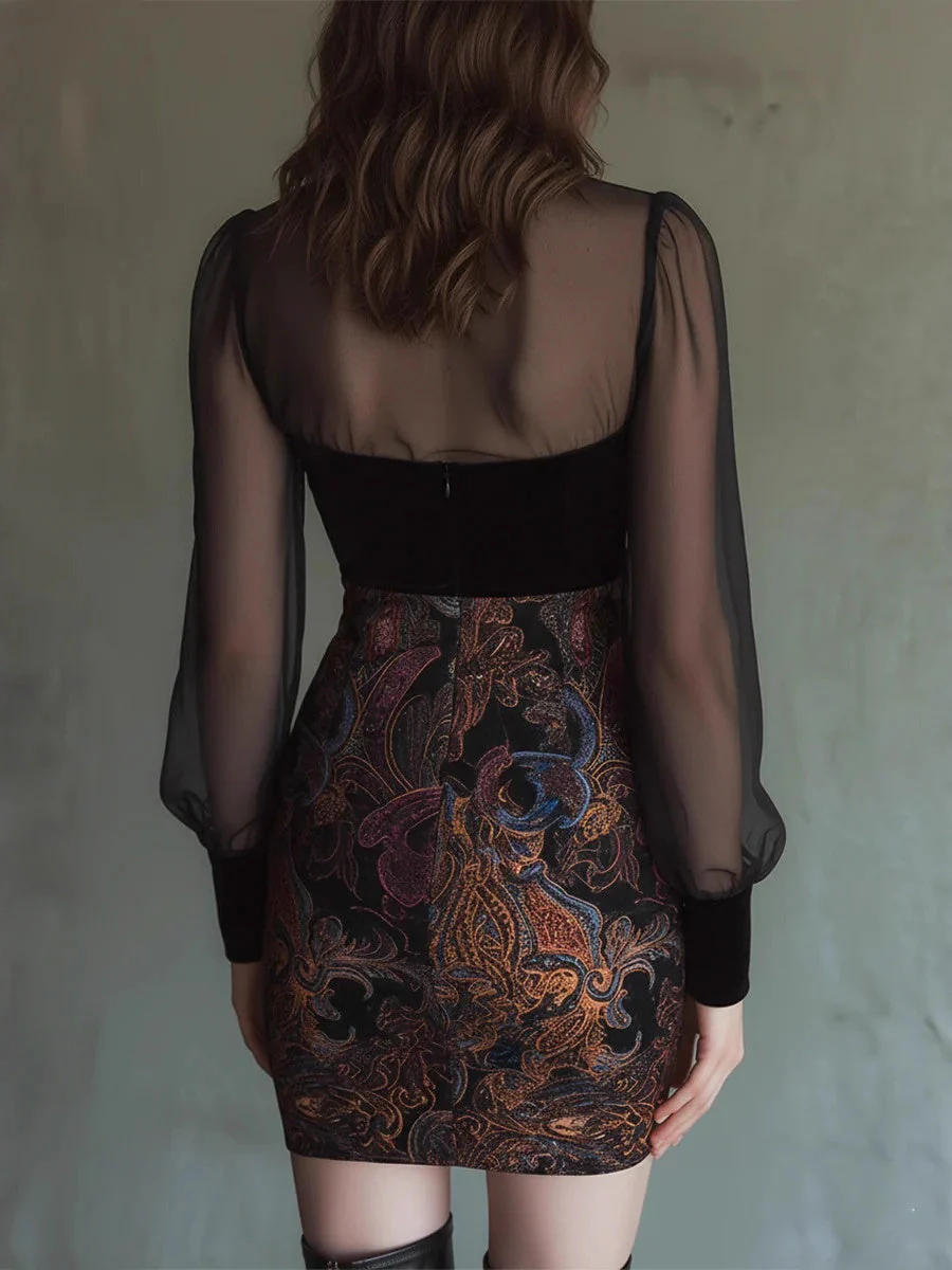 Mesh Splicing Printed Hip-hugging Mini&Short Dresses - Image 2