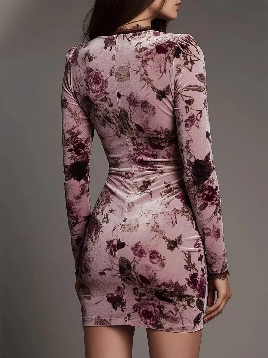 Lace Printed Long Sleeve V-neck Hip-hugging Mini&Short Dresses - Image 3