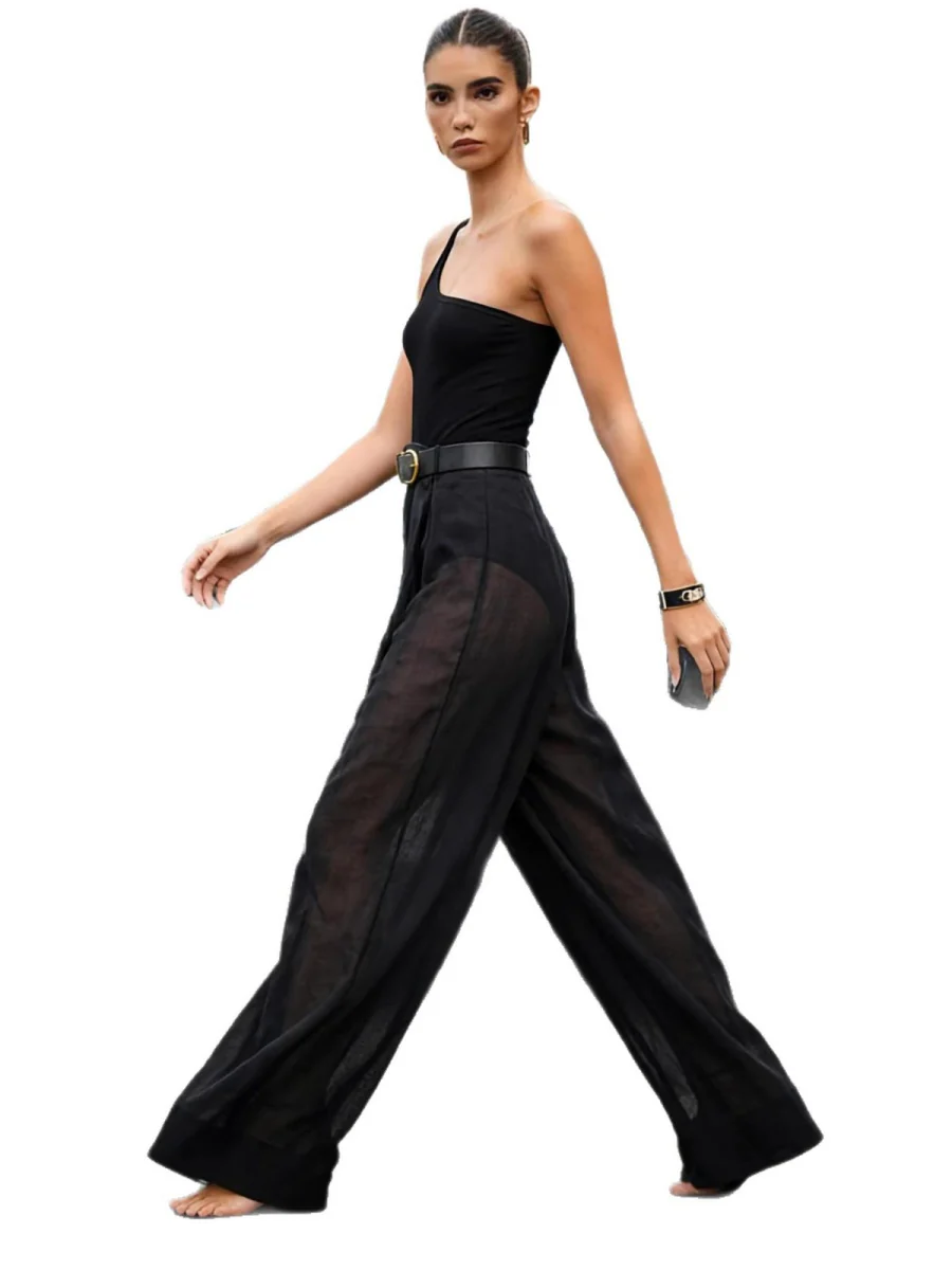 Irregular Sloping Shoulders Wide Leg High Waist Jumpsuits - Image 5