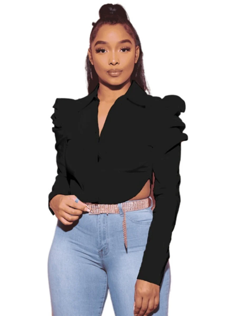 Navel Slits Leg Of Mutton Sleeves Lapel Shirts - Image 13