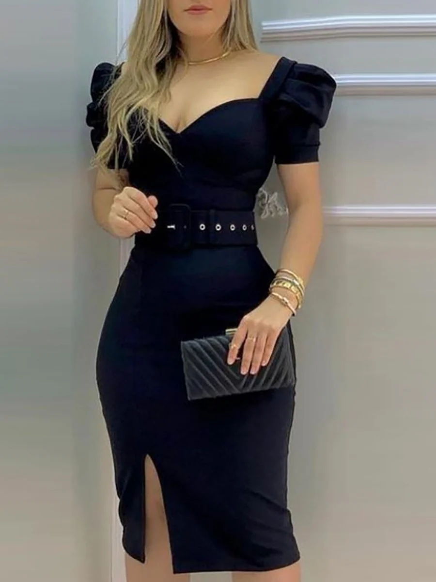 Square Collar Puff Sleeve Hip-hugging Slit Purple Mini&Short Dresses - Image 5