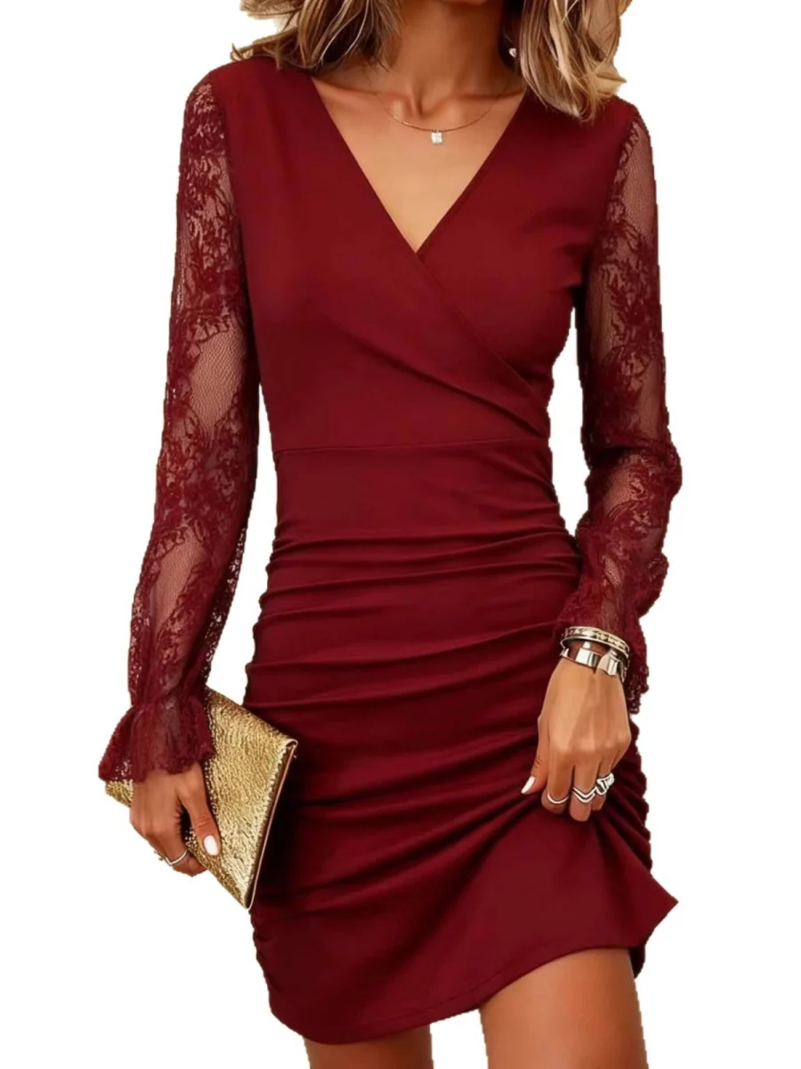 Lace Sleeves V-neck Hip-hugging Midi Dresses - Image 5