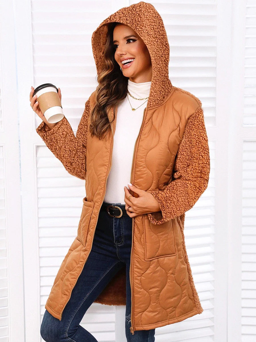 Long Cardigan Pockets Splicing Cotton Clothes Hooded Jacket - Image 4