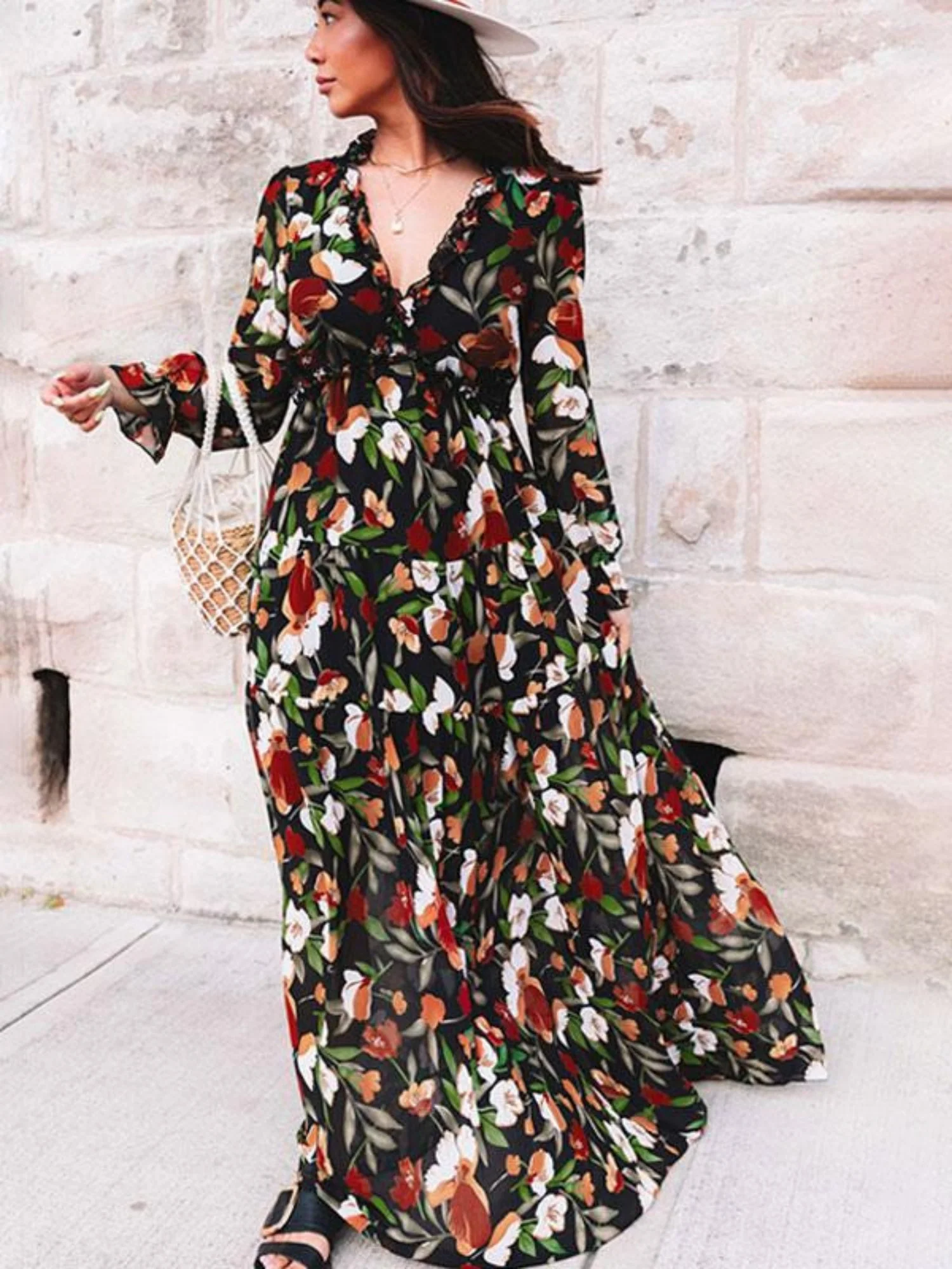 Floral Print V-neck Lantern Sleeves Maxi Dresses - Image 9