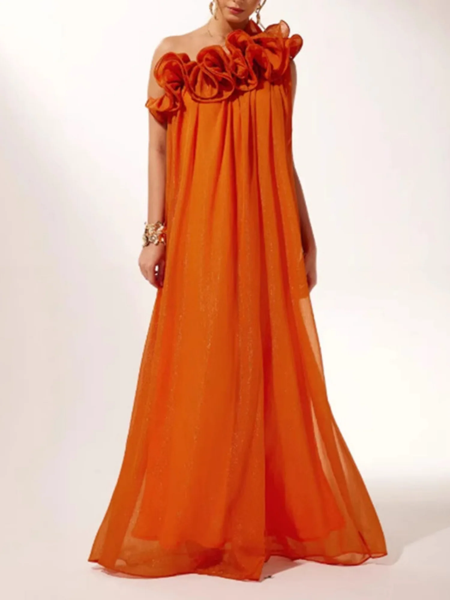 3D Floral Pleats Off-shoulder And Backless Maxi Dresses
