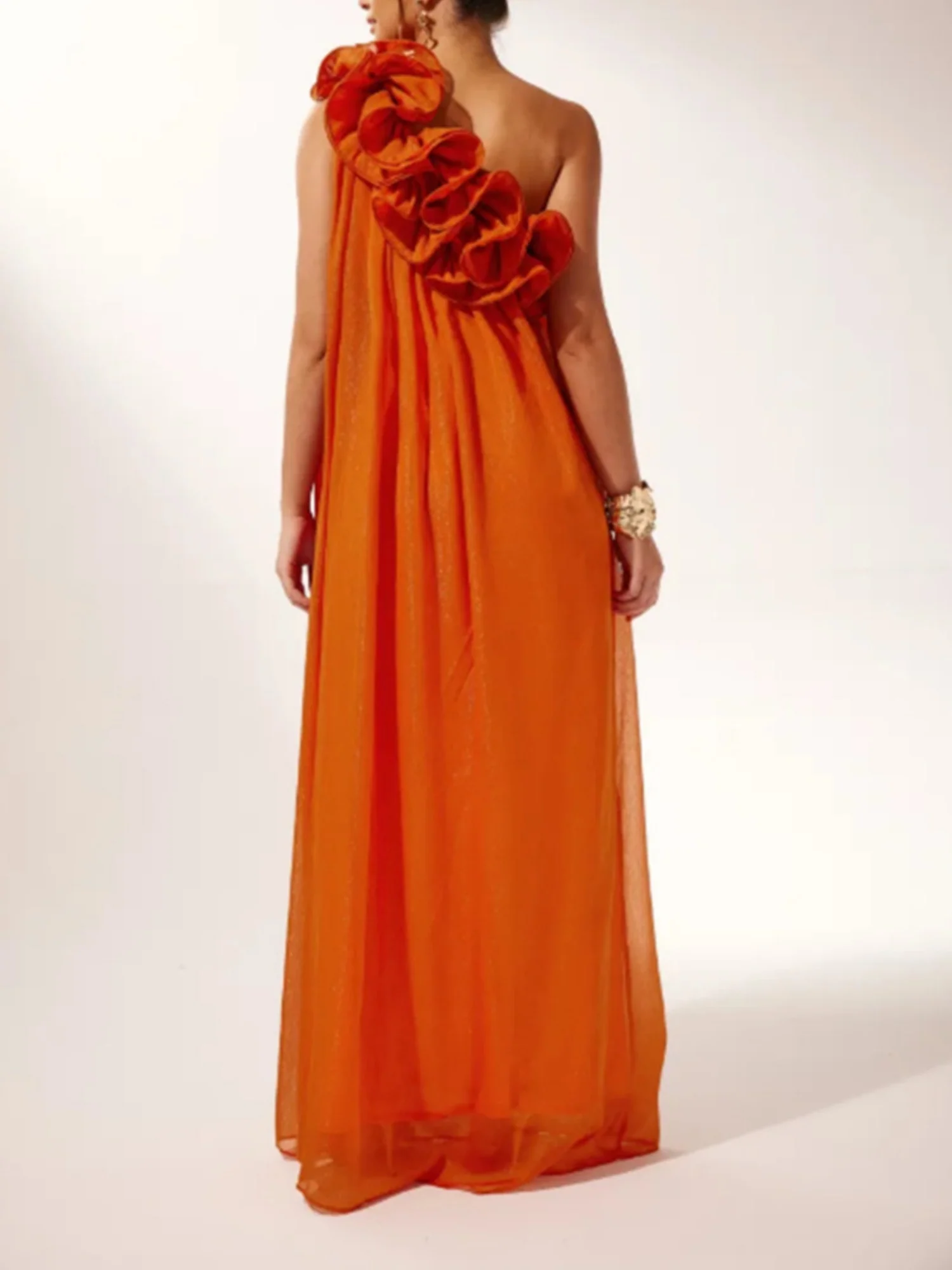 3D Floral Pleats Off-shoulder And Backless Maxi Dresses - Image 2