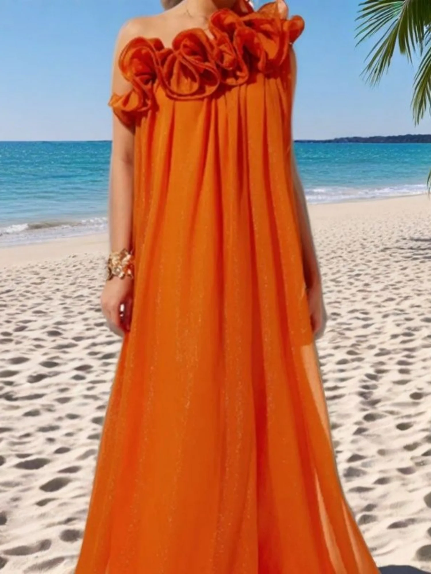3D Floral Pleats Off-shoulder And Backless Maxi Dresses - Image 3