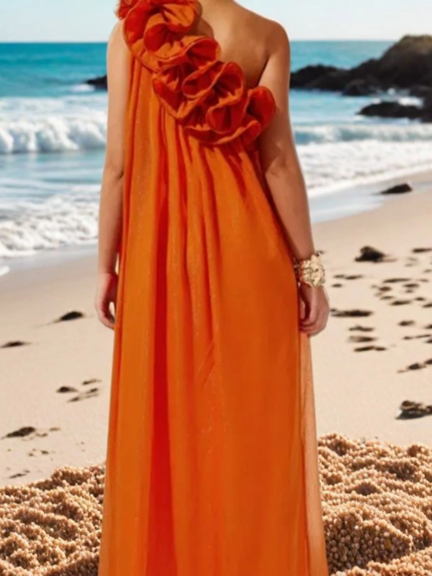 3D Floral Pleats Off-shoulder And Backless Maxi Dresses - Image 4