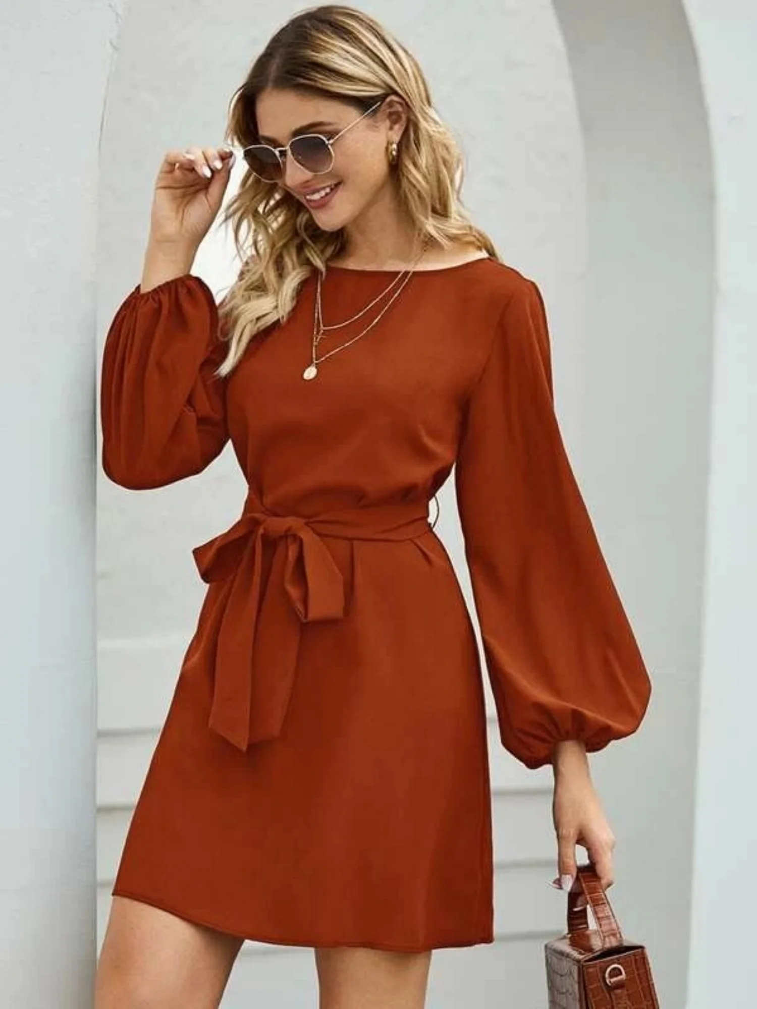 Balloon Sleeve Round Neck Tie High-waisted And Slimming Midi Dresses - Image 2