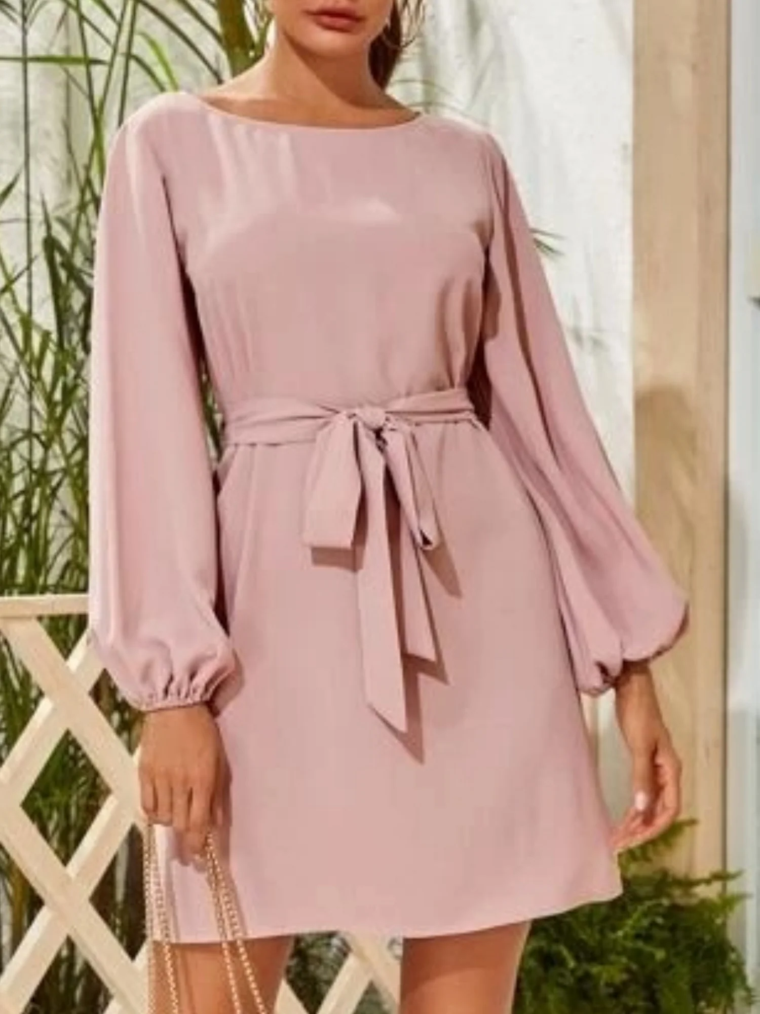 Balloon Sleeve Round Neck Tie High-waisted And Slimming Midi Dresses - Image 4