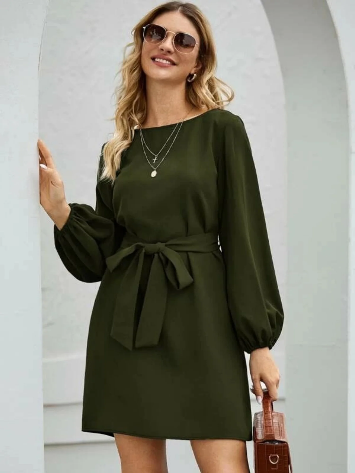 Balloon Sleeve Round Neck Tie High-waisted And Slimming Midi Dresses - Image 5