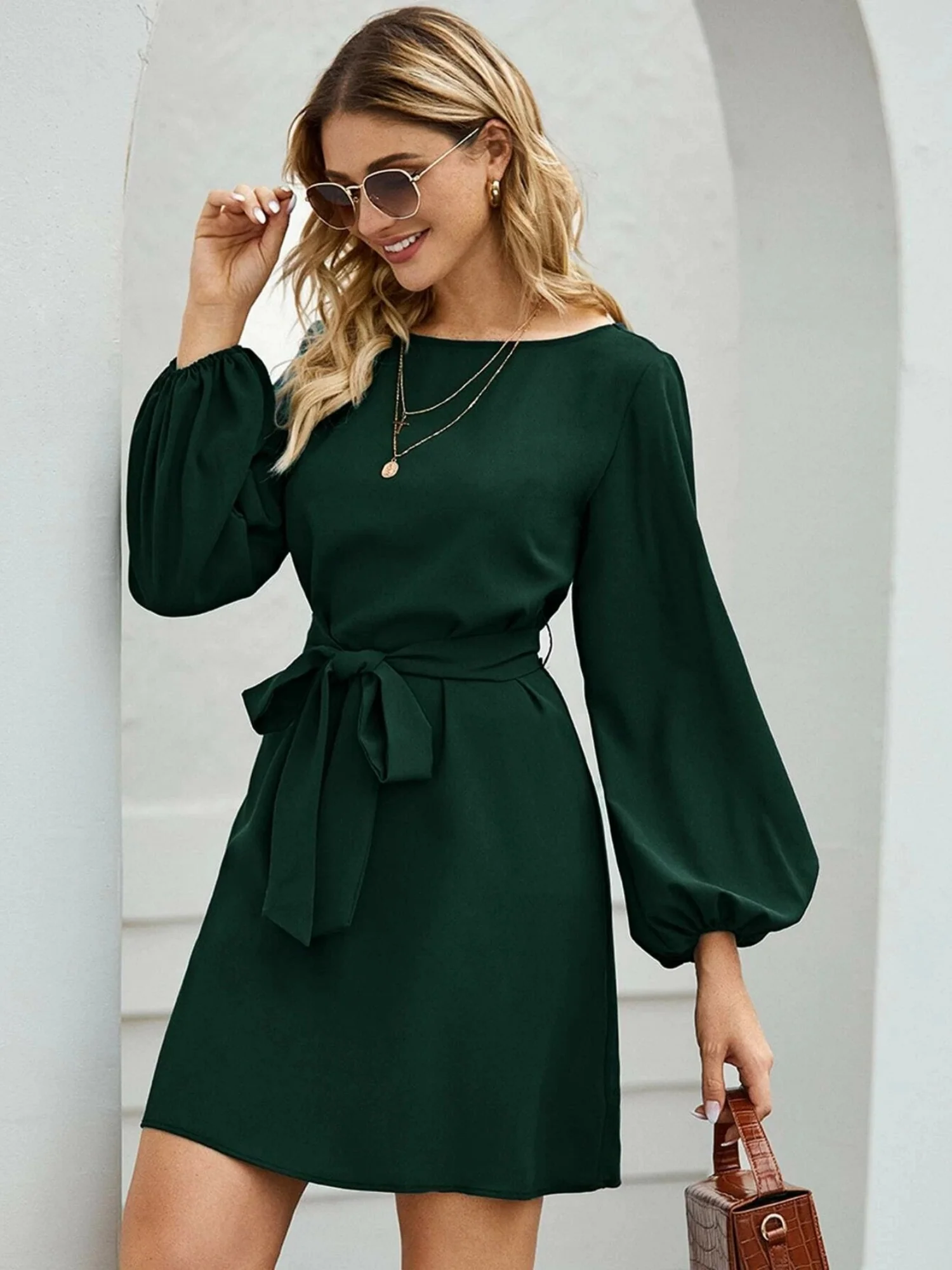 Balloon Sleeve Round Neck Tie High-waisted And Slimming Midi Dresses - Image 6