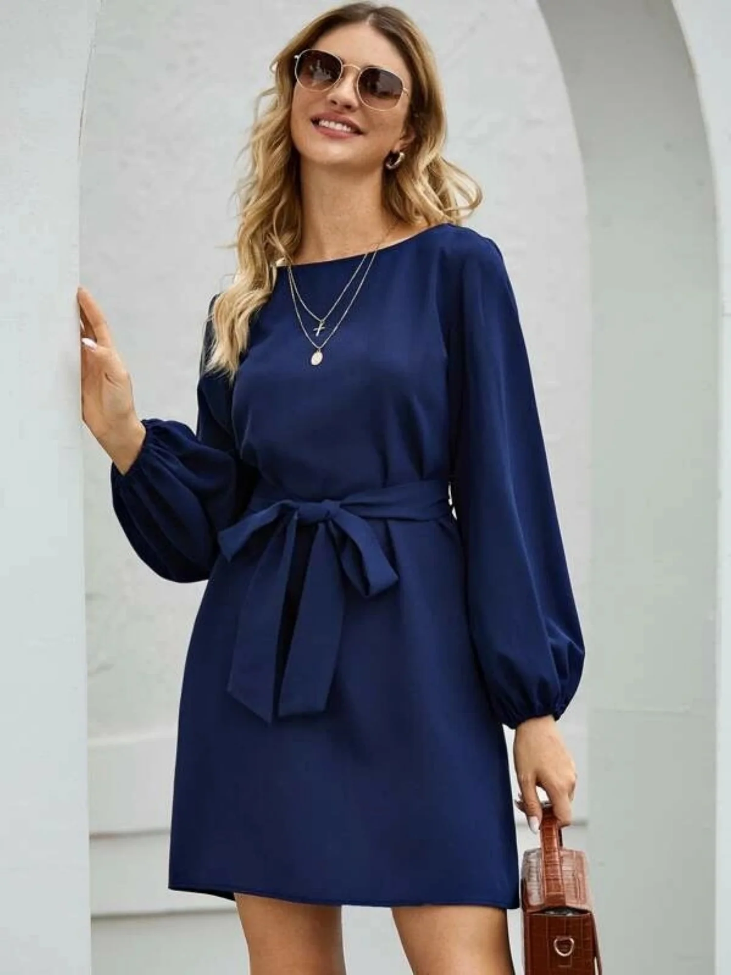 Balloon Sleeve Round Neck Tie High-waisted And Slimming Midi Dresses - Image 7