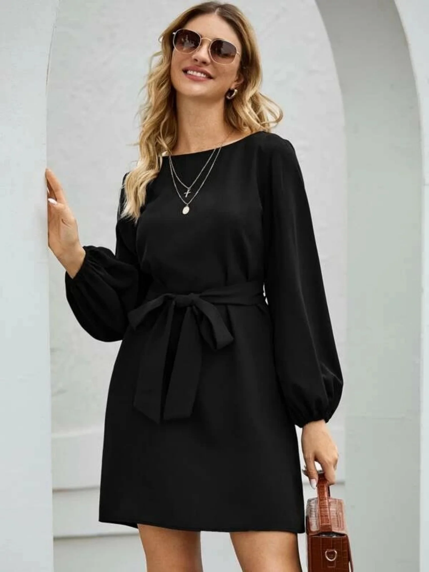 Balloon Sleeve Round Neck Tie High-waisted And Slimming Midi Dresses - Image 8