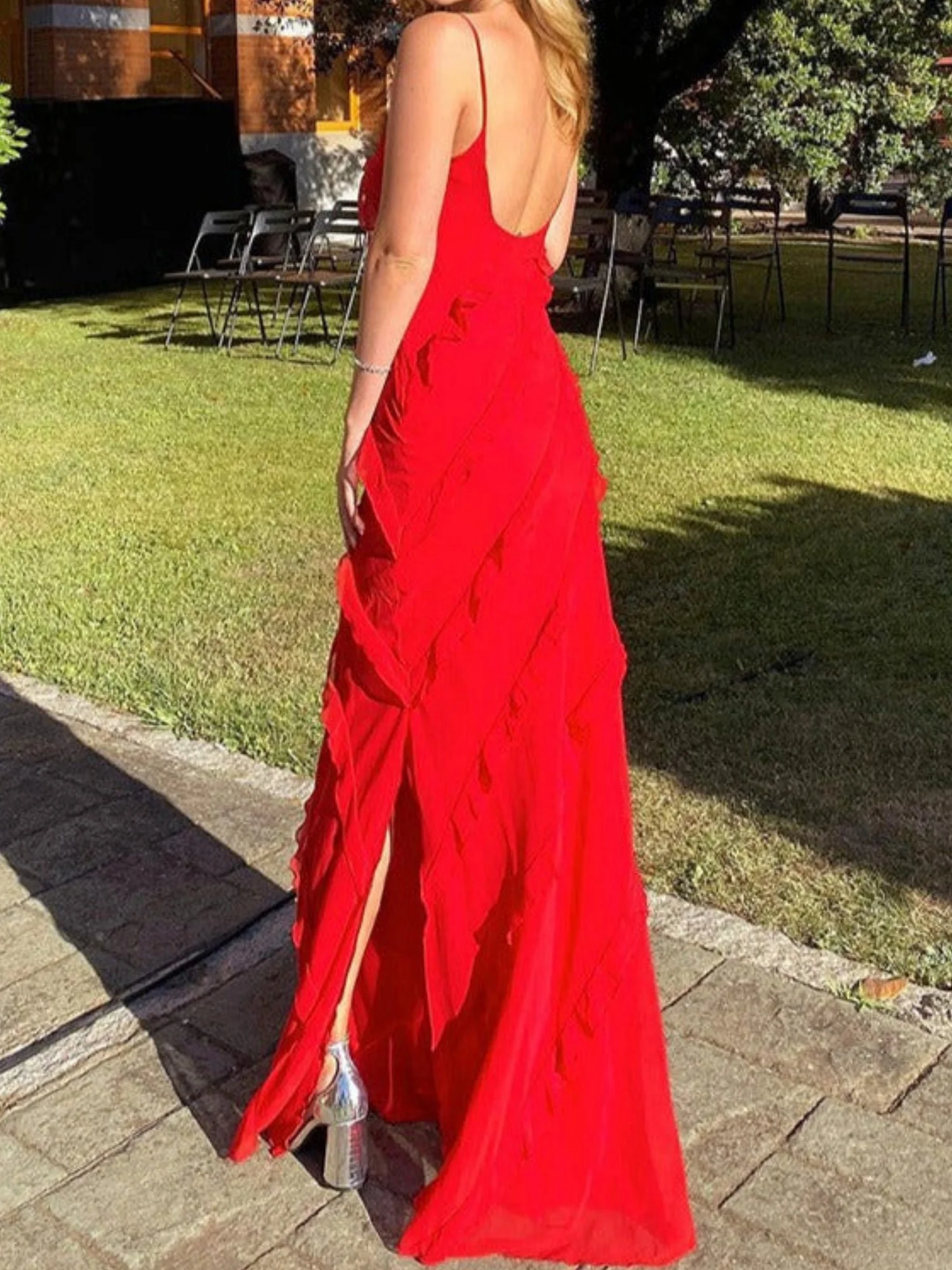 Ruffle Backless And Slit V-neck Suspenders Maxi Dresses - Image 2
