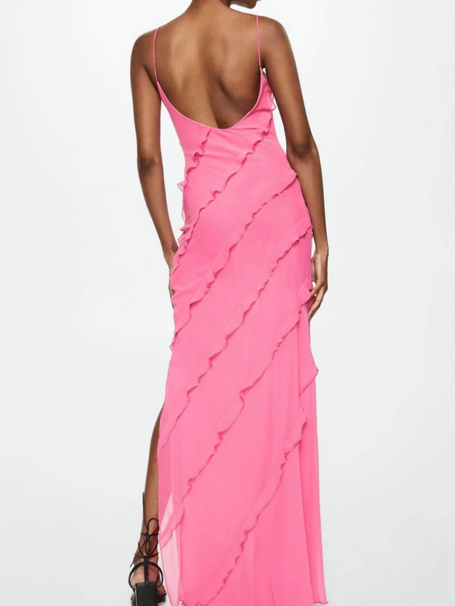 Ruffle Backless And Slit V-neck Suspenders Maxi Dresses - Image 4