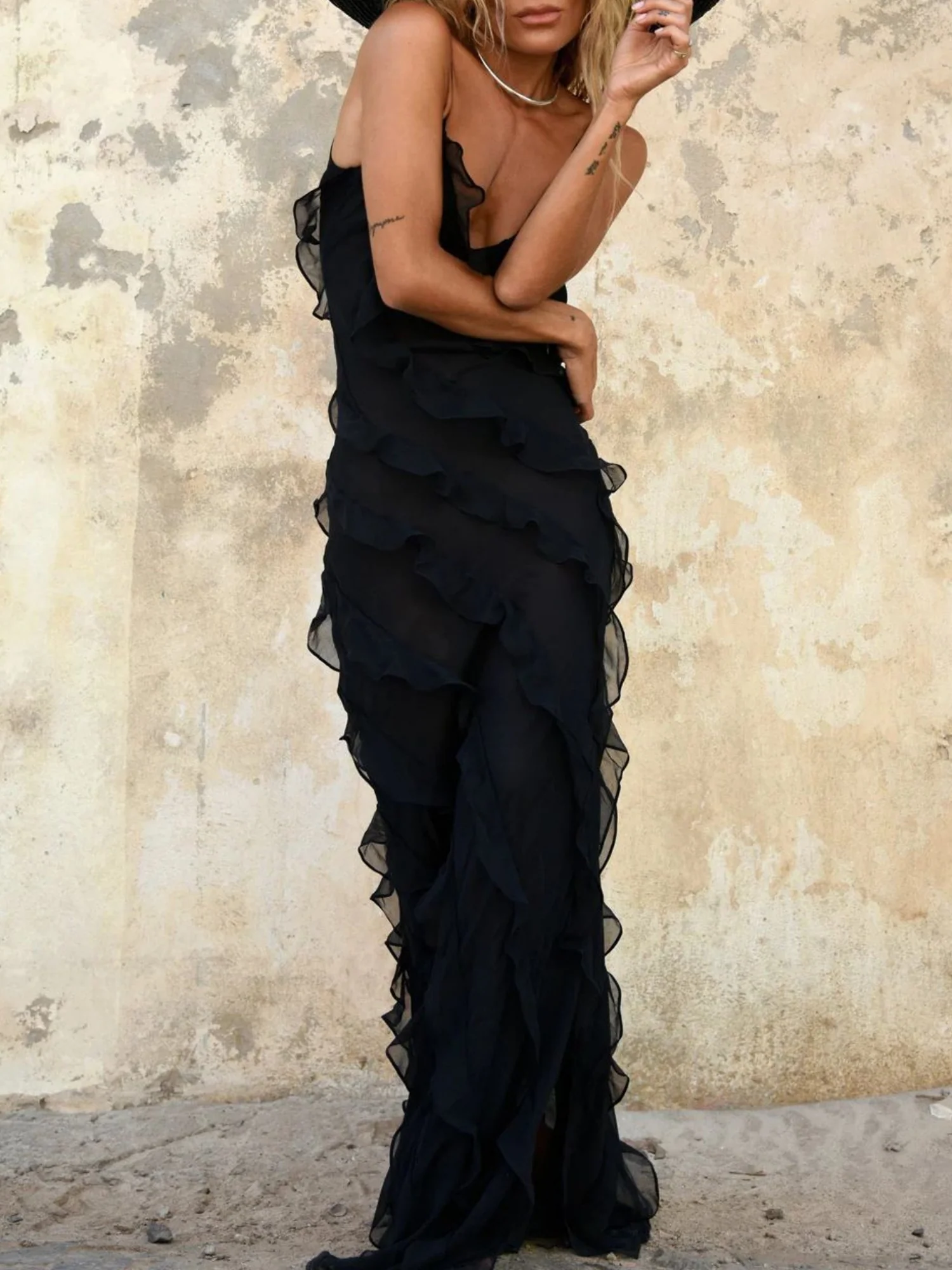 Ruffle Backless And Slit V-neck Suspenders Maxi Dresses - Image 8