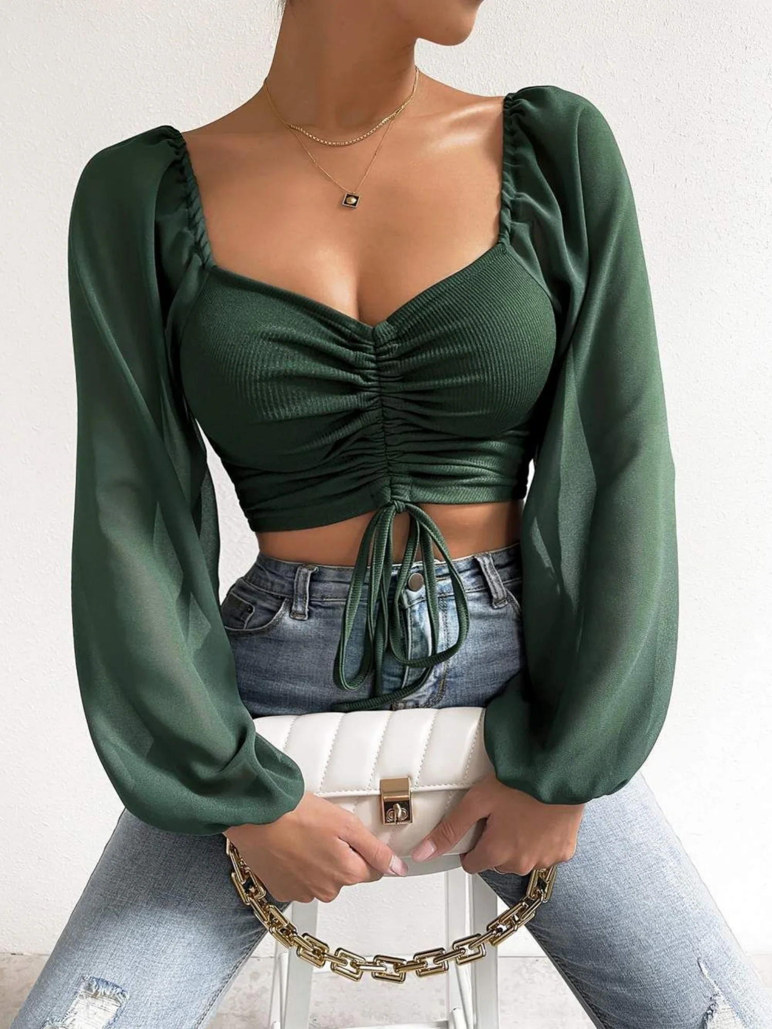 V-neck Spliced Chiffon Drawstring Lantern Sleeves Sweet T-shirts - Image 10