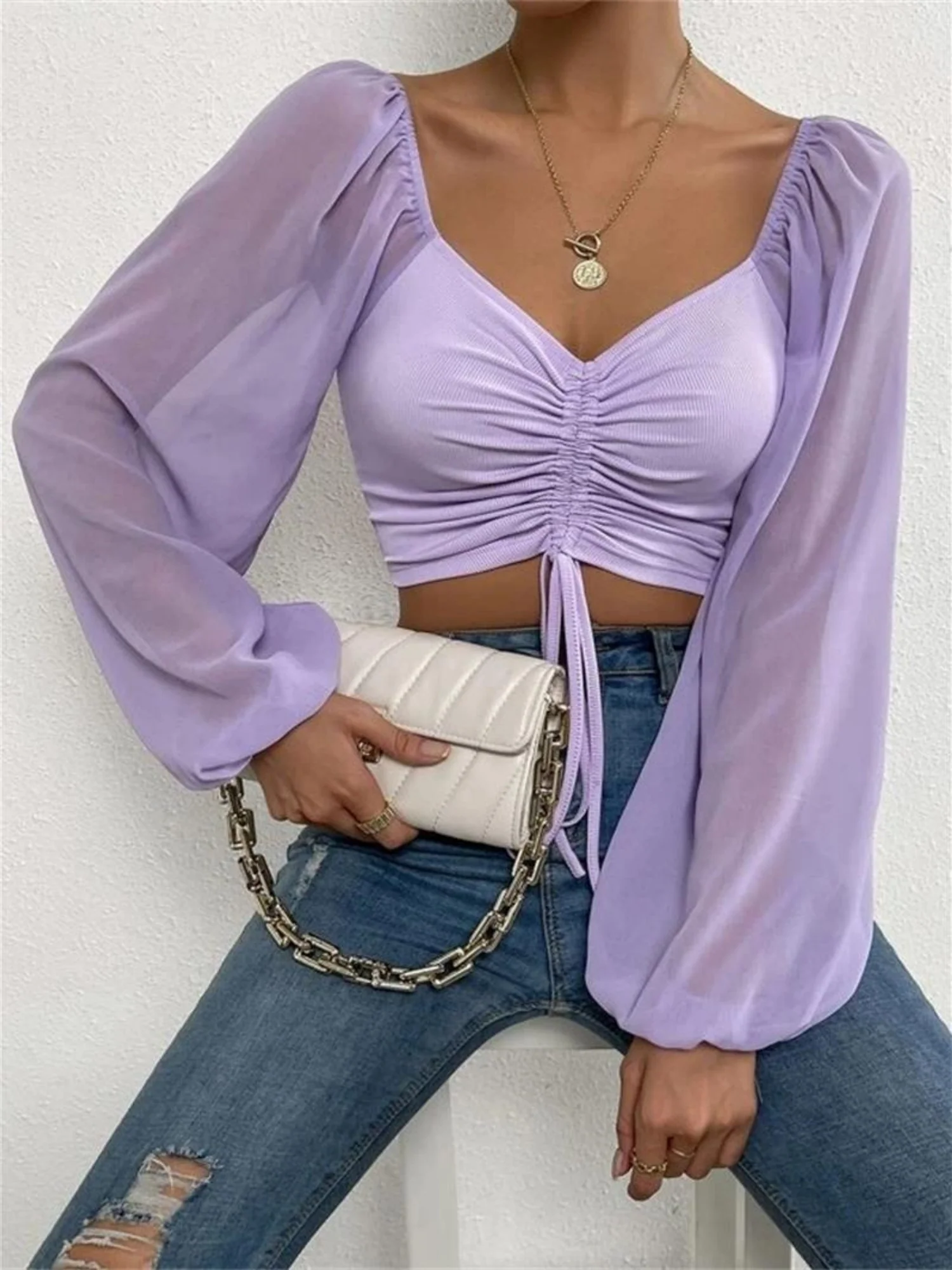 V-neck Spliced Chiffon Drawstring Lantern Sleeves Sweet T-shirts - Image 14