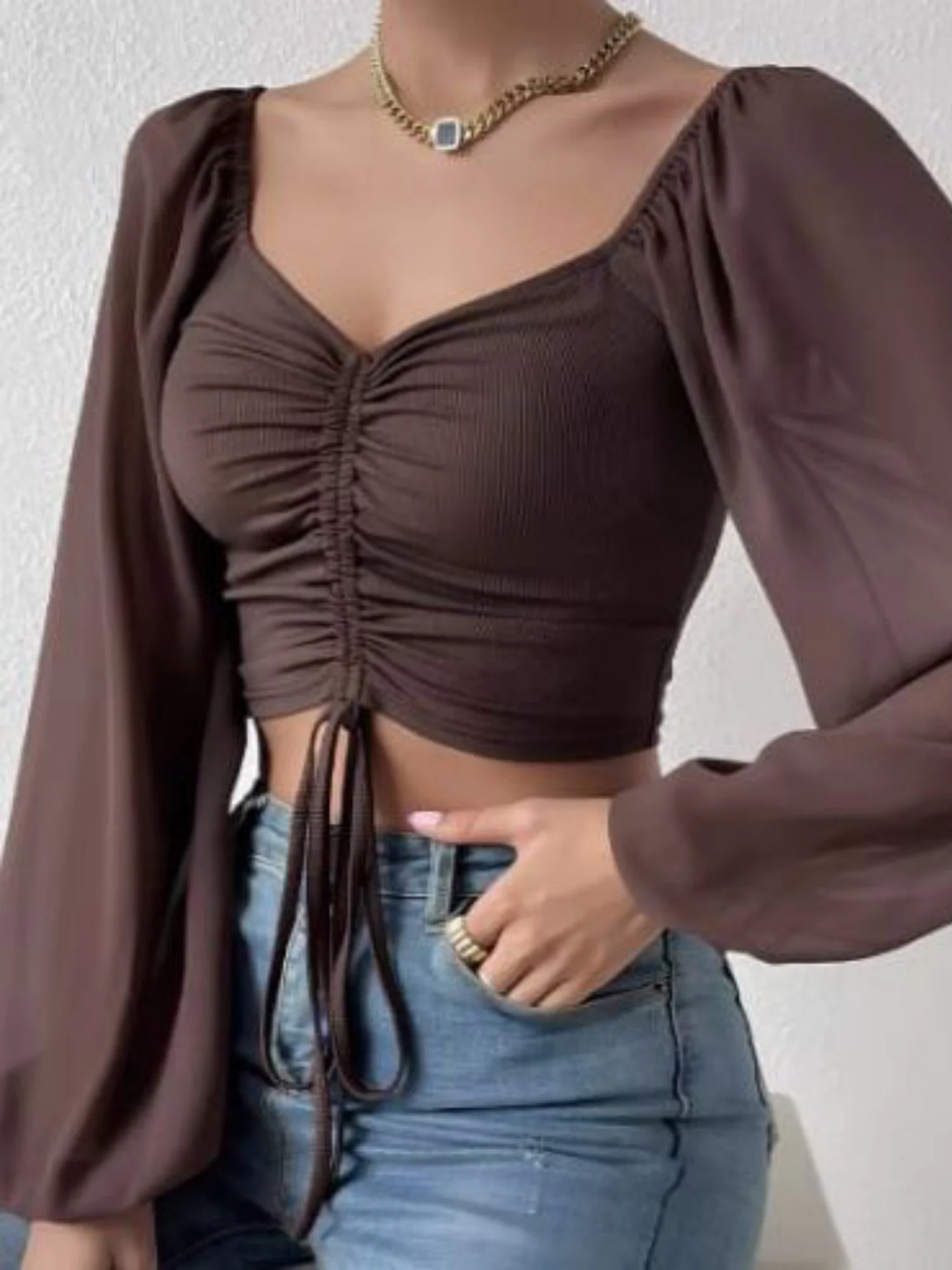 V-neck Spliced Chiffon Drawstring Lantern Sleeves Sweet T-shirts - Image 15